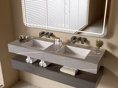 Elegant Bathroom Vanity Cabinet with Double Sinks Marble Countertop Mirror and Towels 3d model