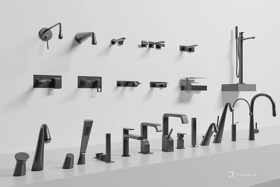 Various Styles Of Black Faucets Displayed On Wall And White Countertop 3d model 