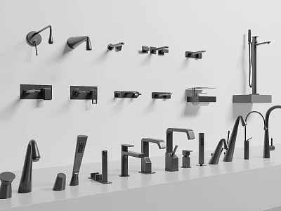 Various Styles Of Black Faucets Displayed On Wall And White Countertop 3d model