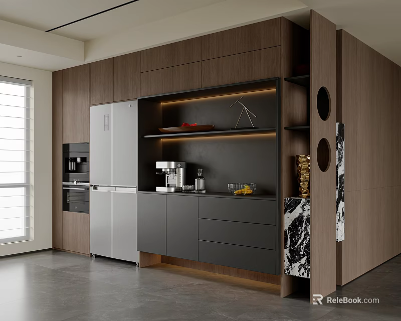 Modern Wooden Sideboard Featuring Gray Cabinets Open Shelves Built-in Lighting And Coffee Machine 3d model 