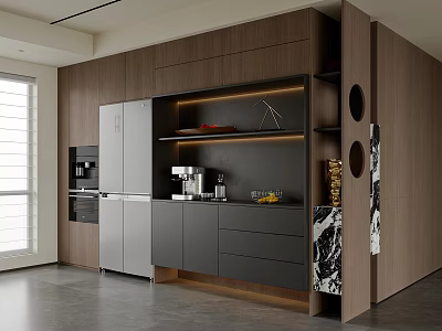 Modern Wooden Sideboard Featuring Gray Cabinets Open Shelves Built-in Lighting And Coffee Machine 3d model