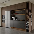 Modern Wooden Sideboard Featuring Gray Cabinets Open Shelves Built-in Lighting And Coffee Machine