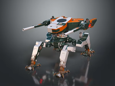 Futuristic Quadruped Mech Character With Turrets Orange Green White Armor Plating 3d model