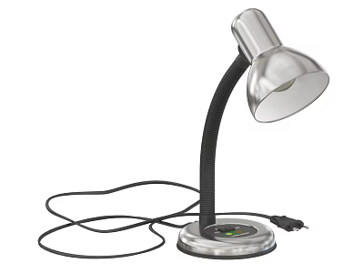 Adjustable Desk Lamp With Silver Lampshade Black Flexible Hose Metal Base Green Control Button And Power Cord 3d model