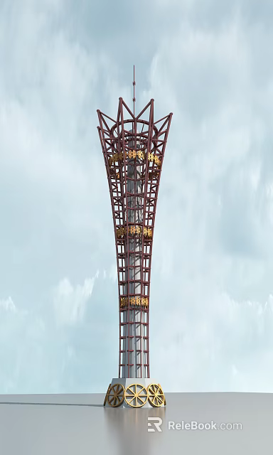 Tall Industrial Equipment Metal Structure With Lattice Framework Golden Decorations And Blue Sky White Clouds 3d model 