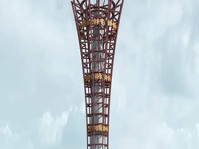 Tall Industrial Equipment Metal Structure With Lattice Framework Golden Decorations And Blue Sky White Clouds 3d model