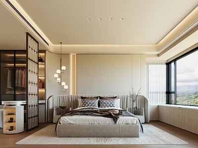Modern Bedroom Interior Design With King Bed Glass Wardrobe Pendant Lights And Scenic Window 3d model