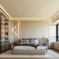 Modern Bedroom Interior Design With King Bed Glass Wardrobe Pendant Lights And Scenic Window