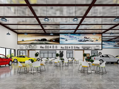 Car Showroom Interior Design With Cars Tables Chairs Pendant Lights And Posters 3d model