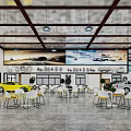 Car Showroom Interior Design With Cars Tables Chairs Pendant Lights And Posters