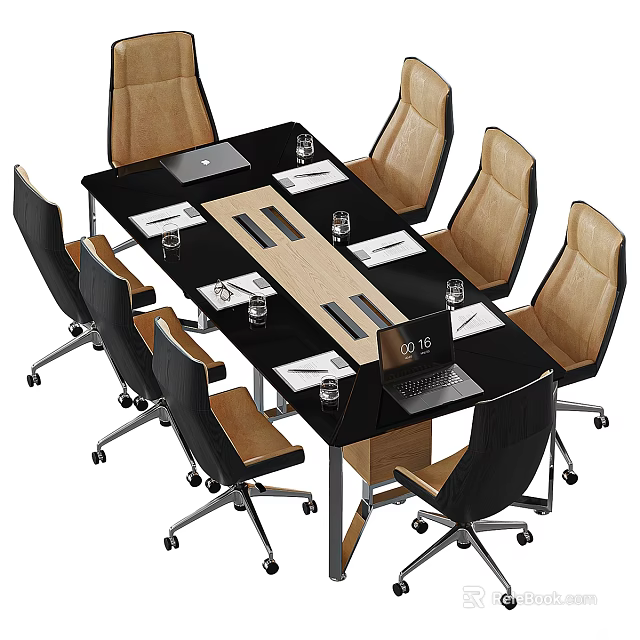 Modern Office Desk Setup With Ergonomic Chairs Laptops Glasses And Documents 3d model