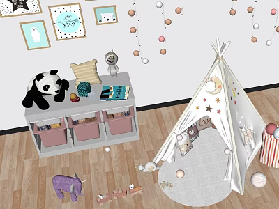 Cute Kids Tent With Star Moon Patterns In Children's Room With Toys Rug And Bookshelf 3d model