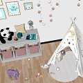 Cute Kids Tent With Star Moon Patterns In Children's Room With Toys Rug And Bookshelf