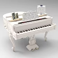 Elegant White Carved Piano with Sheet Music and Photo Frames on Top Surface