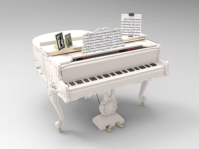 Elegant White Carved Piano with Sheet Music and Photo Frames on Top Surface 3d model