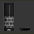 Black Cylindrical Smart Speaker Featuring Mesh Design Blue Top Ring And Remote Control