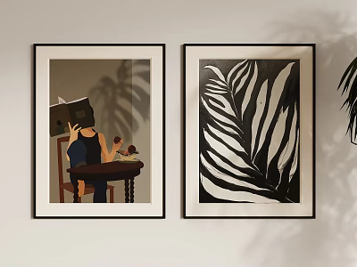 Modern Abstract Painting With Black And White Leaf Pattern Framed On Wall For Interior Decor 3d model