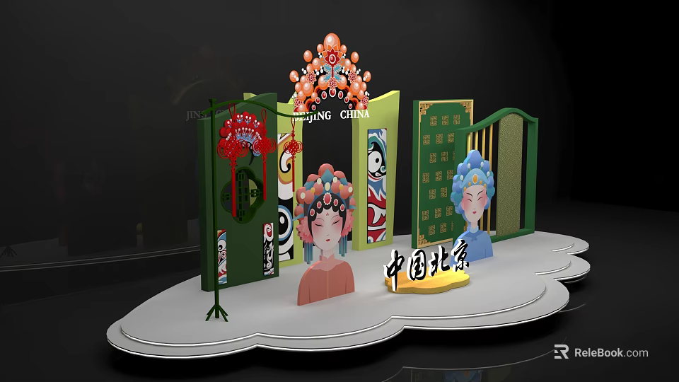 Traditional Peking Opera Cultural Display in Beijing China With Headdress Figures And Screen 3d model 
