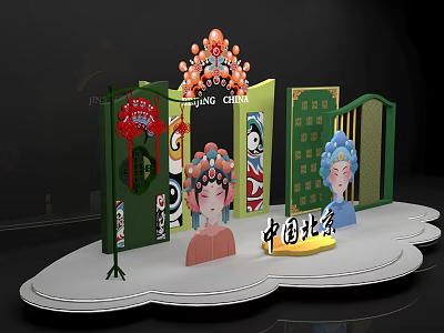 Traditional Peking Opera Cultural Display in Beijing China With Headdress Figures And Screen 3d model