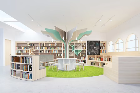 Library Reading Room Kindergarten Bookcase Books Desk and Chair Tree-shaped Leisure Area 3d model