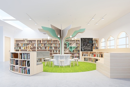 Library Reading Room Kindergarten Bookcase Books Desk and Chair Tree-shaped Leisure Area 3d model