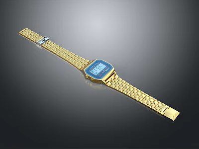 Elegant Gold Digital Watch with Square Dial Blue Screen and Metal Strap 3d model