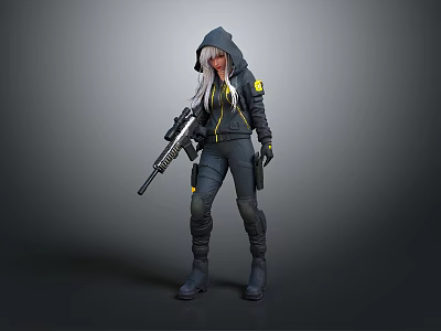 Tactical Female Character In Black Hooded Outfit With Yellow Accents And Rifle 3d model
