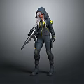Tactical Female Character In Black Hooded Outfit With Yellow Accents And Rifle