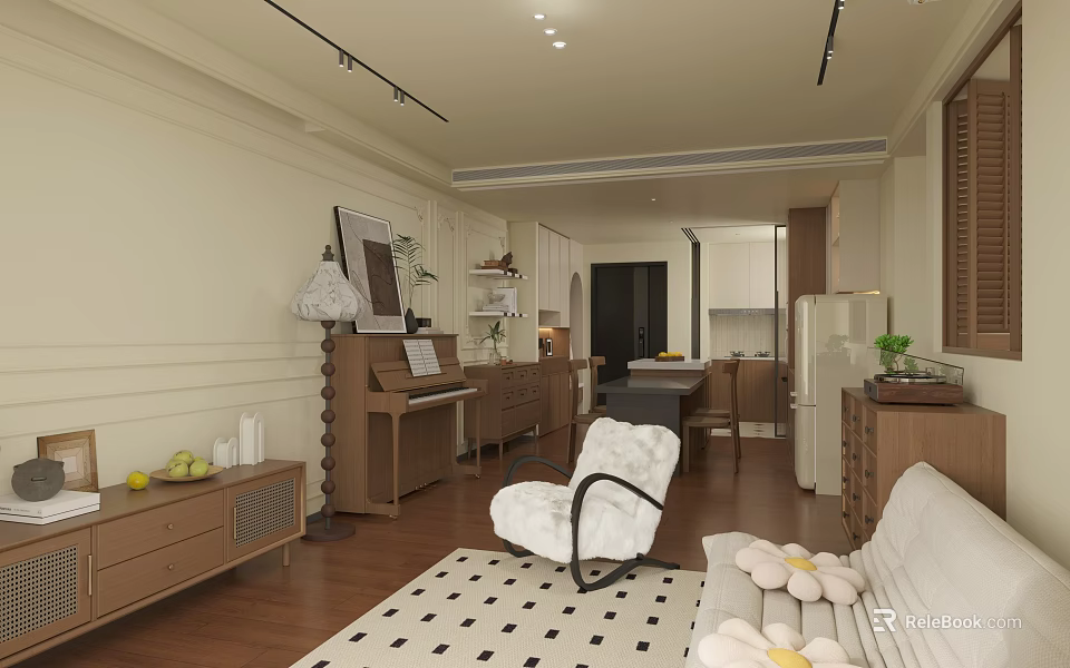 Soft Cream Tone Open Plan Living And Dining Room With Warm Solid Wood Furnishings 3d model 