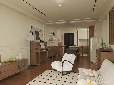 Soft Cream Tone Open Plan Living And Dining Room With Warm Solid Wood Furnishings 3d model