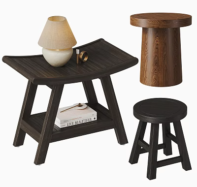 Modern Dark Wood Side Table With White Lamp Book And Sturdy Legs 3d model