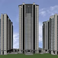 Modern High Rise Buildings With Glass Curtain Wall And Connected Base Under Blue Sky