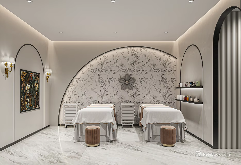 Modern Luxury Beauty Spa Room With Cozy Massage Beds And Elegant Arched Interior Design 3d model 