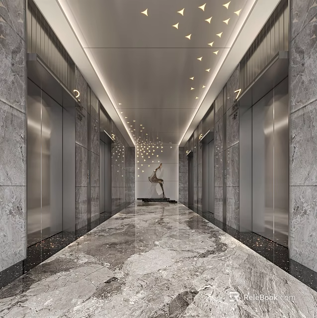 Modern Elevator Lobby Interior With Sleek Doors Marble Floor And Recessed Lighting 3d model