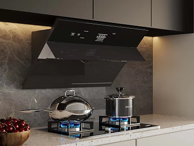 Modern Kitchen With Black Range Hood Gas Stove Silver Pan And Marble Wall 3d model