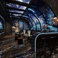 Modern KTV Interior With Neon Lights Luxury Sofa Bar Counter And Stylish Decor