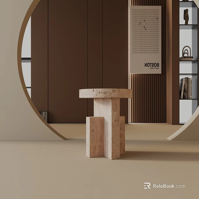 Minimalist Travertine Side Table With Geometric Base In Modern Stylish Interior 3d model 