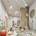 Modern Kindergarten Indoor Space With Cloud Decorations Slide Ball Pit And Tree Designs 3d model