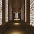 Elegant Modern Elevator Hallway With Floor Lamps Marble Walls And Patterned Tile Floor 3d model