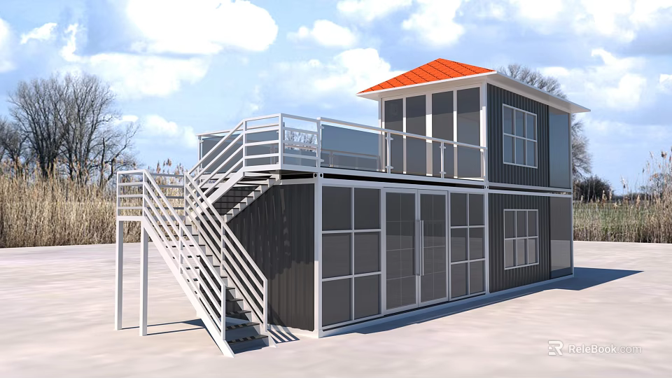 Two Story Container Building With Red Roof Balcony Railing Staircase And Large Windows 3d model 
