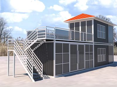 Two Story Container Building With Red Roof Balcony Railing Staircase And Large Windows 3d model