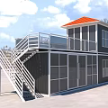Two Story Container Building With Red Roof Balcony Railing Staircase And Large Windows