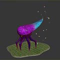 Vibrant Fantasy Creature Purple Legs Pink Body Blue Pink Flame Top Green Grass Glowing Particles