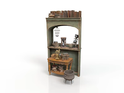 Vintage Style Small Scene Component With Bookshelf Table Stool Microscope And Items 3d model