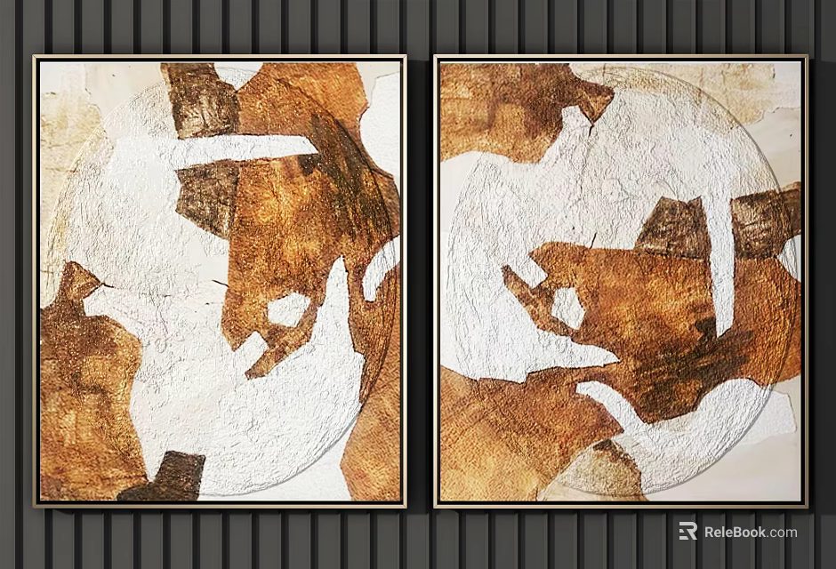 Abstract Artwork Two Panel Wall Decor With Brown White Geometric Textured Design 3d model 
