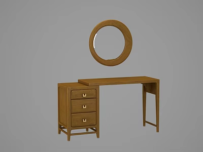 Wooden Bedroom Dressing Table Furniture with Round Mirror and Storage Drawers 3d model
