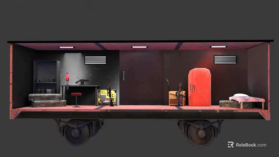 Train Carriage Interior Scene With Black Walls Red Floor Gray Sofa Red Refrigerator And Wheels 3d model 