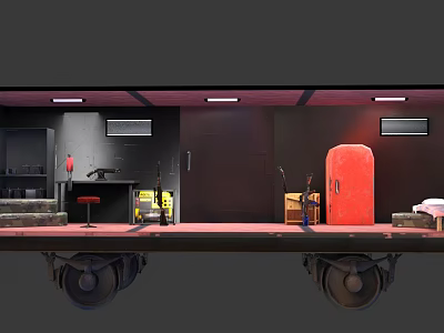Train Carriage Interior Scene With Black Walls Red Floor Gray Sofa Red Refrigerator And Wheels 3d model
