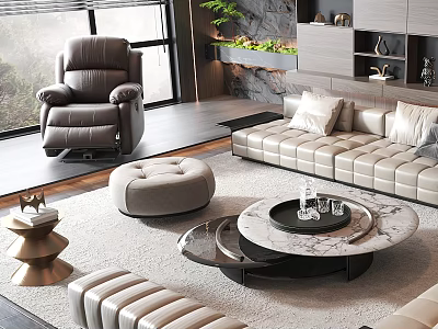 Modern Beige Sofa and Round Marble Coffee Table Set with Gray Ottoman and Soft Rug 3d model