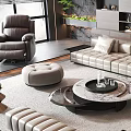 Modern Beige Sofa and Round Marble Coffee Table Set with Gray Ottoman and Soft Rug